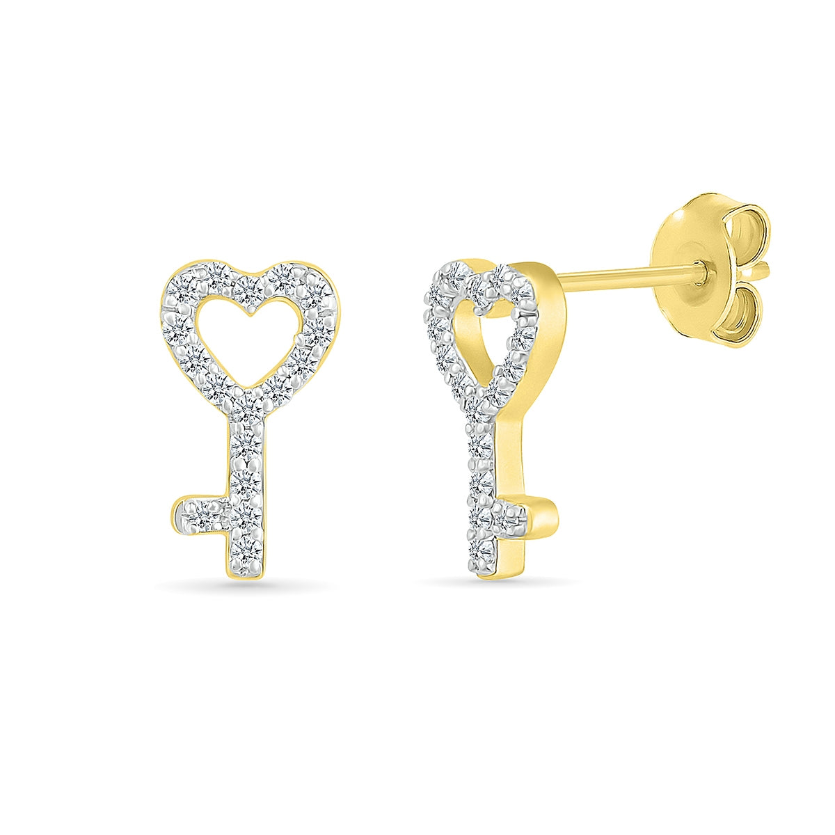 1/8 ct. tw. Diamond Petite Heart Key Earrings in 10K Yellow Gold