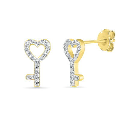 1/8 ct. tw. Diamond Petite Heart Key Earrings in 10K Yellow Gold