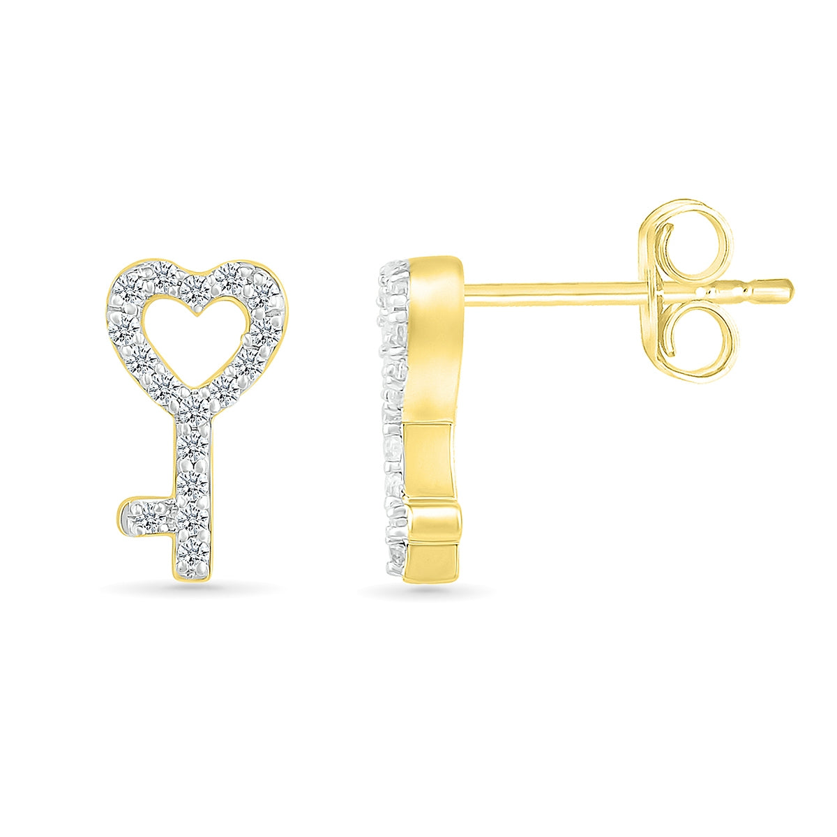 1/8 ct. tw. Diamond Petite Heart Key Earrings in 10K Yellow Gold close-up detail