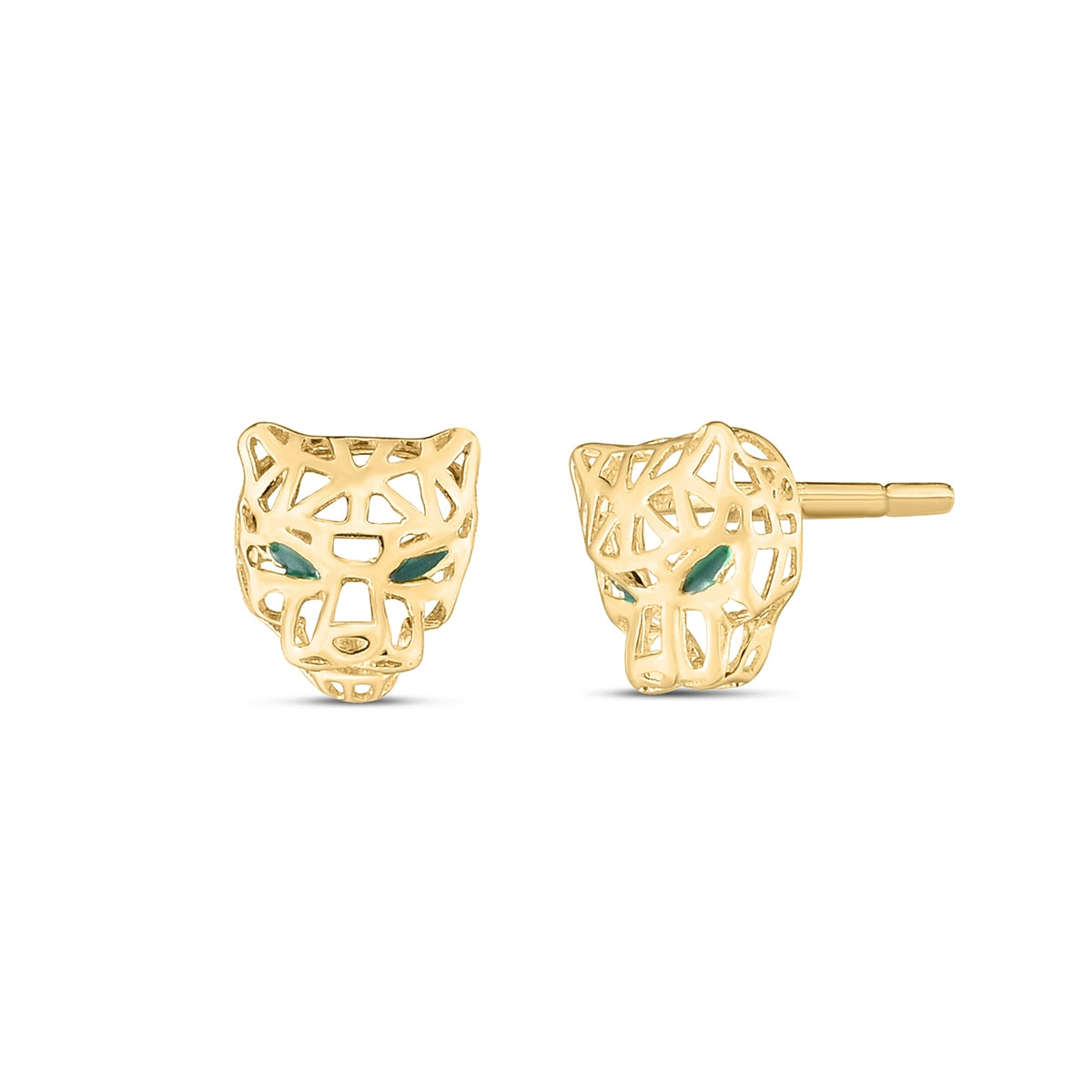 Green Enamel Panther Earrings in 14K Yellow Gold