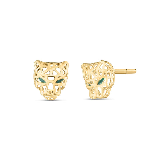 Green Enamel Panther Earrings in 14K Yellow Gold