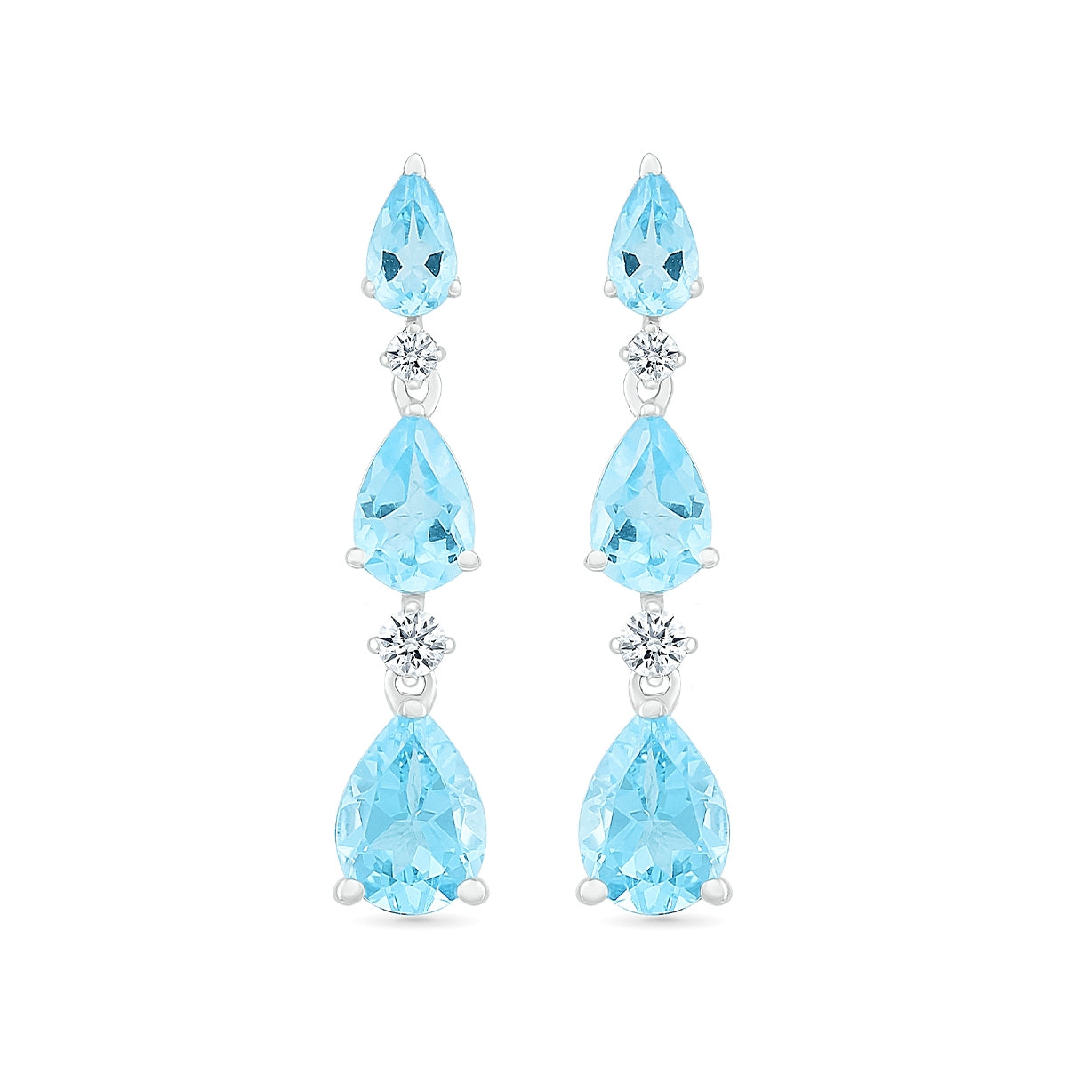 Pear Swiss Blue Topaz & 1/10 ct. tw. Diamond Graduated 3-Stone Drop Earrings in 10K White Gold front view