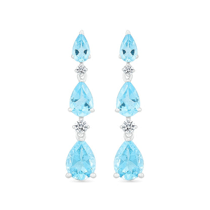 Pear Swiss Blue Topaz & 1/10 ct. tw. Diamond Graduated 3-Stone Drop Earrings in 10K White Gold front view