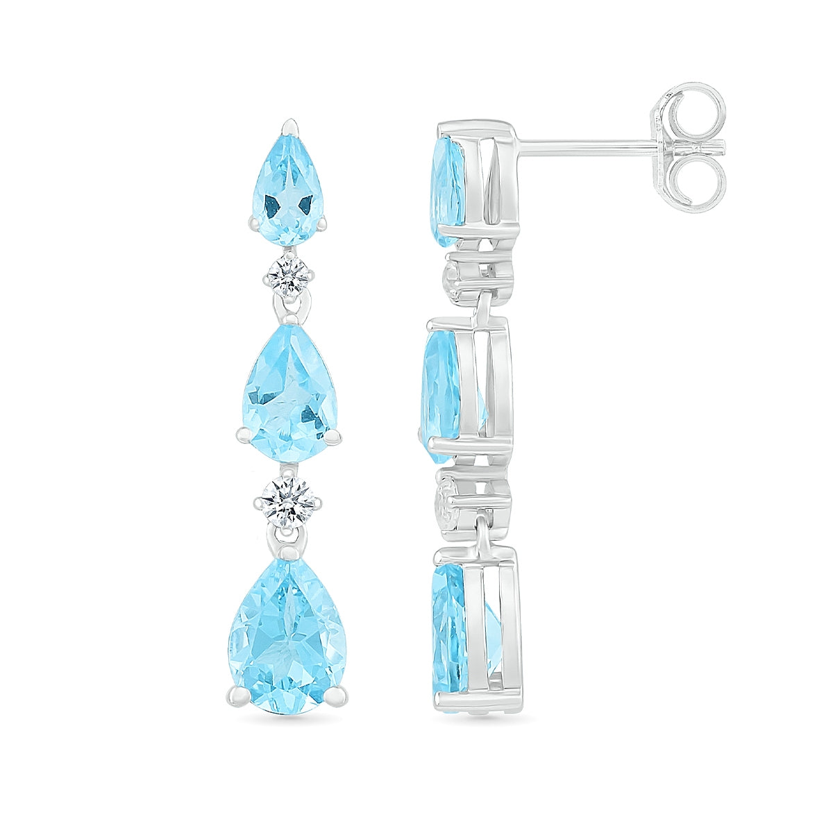 Pear Swiss Blue Topaz & 1/10 ct. tw. Diamond Graduated 3-Stone Drop Earrings in 10K White Gold close-up detail