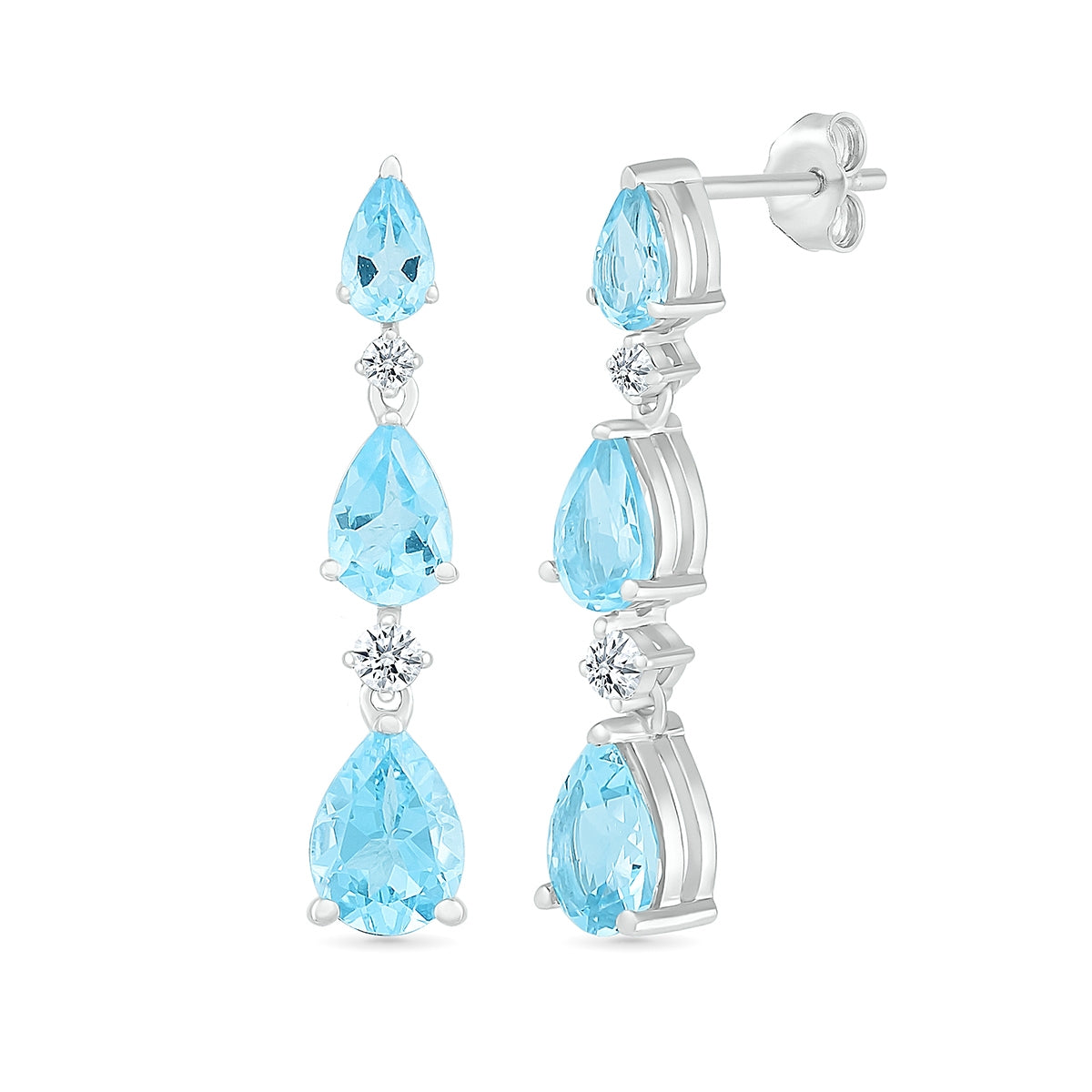 Pear Swiss Blue Topaz & 1/10 ct. tw. Diamond Graduated 3-Stone Drop Earrings in 10K White Gold