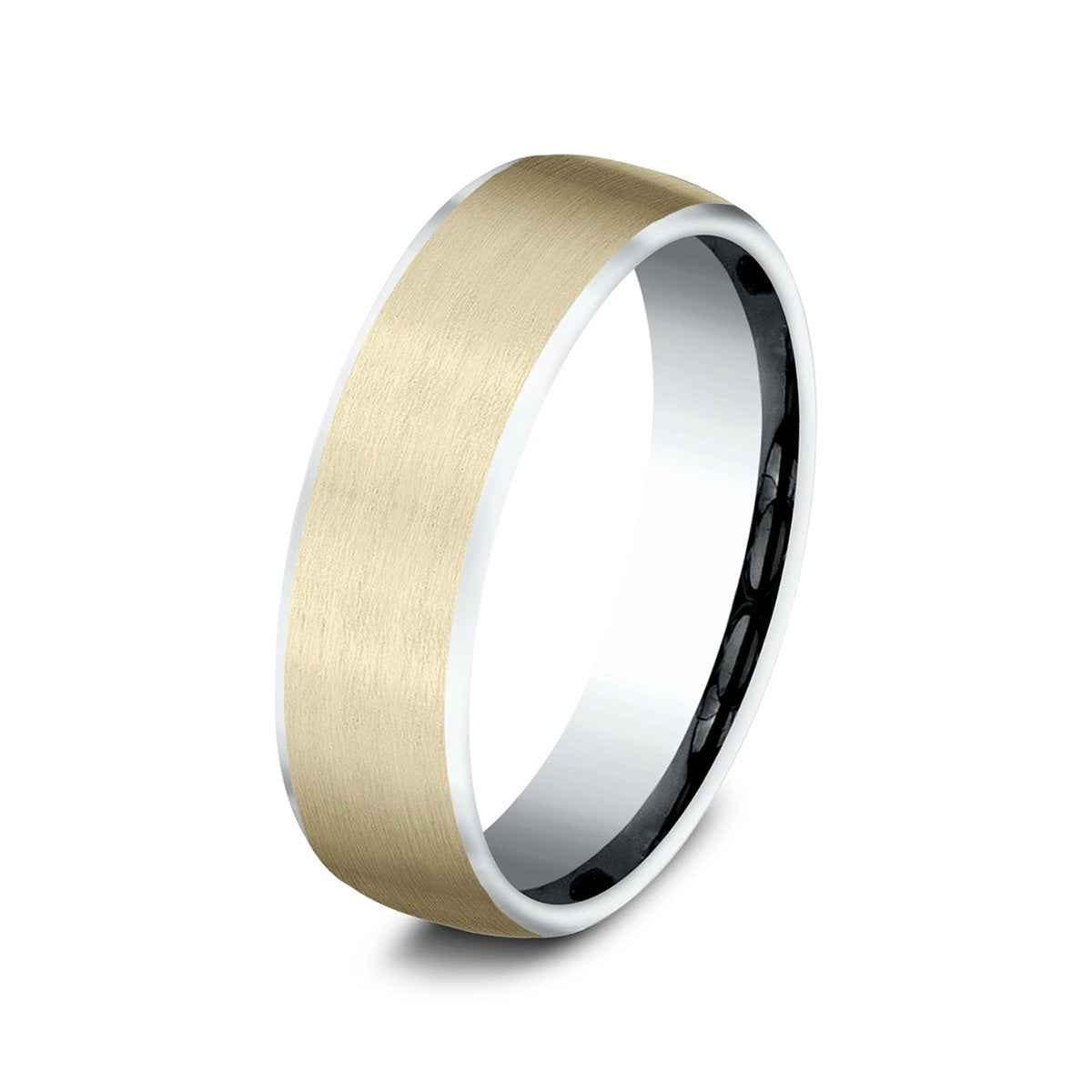Benchmark Men's 6.5mm Contrast Edge Satin Finish Wedding Ring in 14K White & Yellow Gold