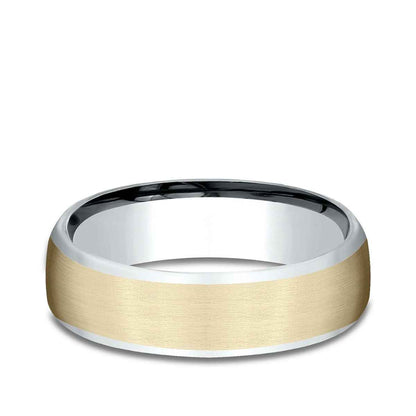 Benchmark Men's 6.5mm Contrast Edge Satin Finish Wedding Ring in 14K White & Yellow Gold