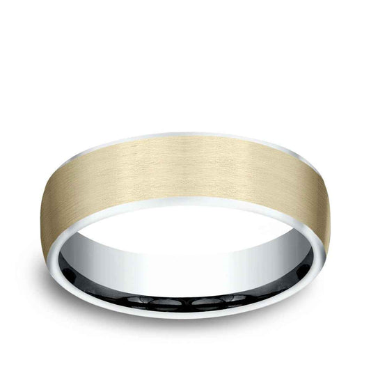 Benchmark Men's 6.5mm Contrast Edge Satin Finish Wedding Ring in 14K White & Yellow Gold
