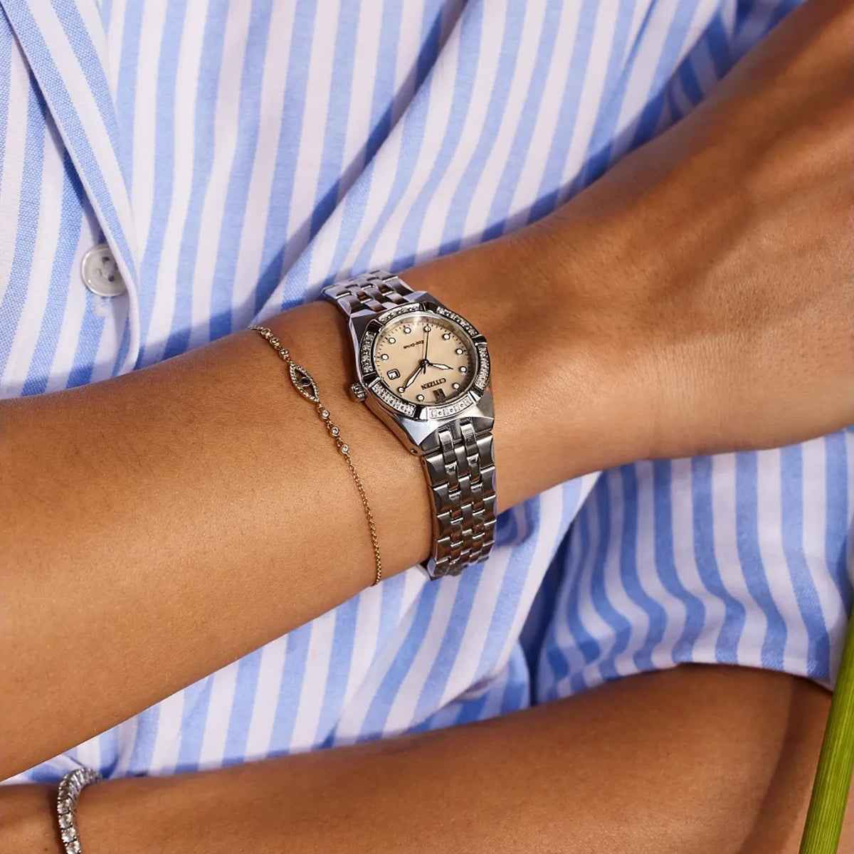 Citizen Ladies' Corso Diamond Eco-Drive Stainless Steel Watch with Taupe Dial close-up detail