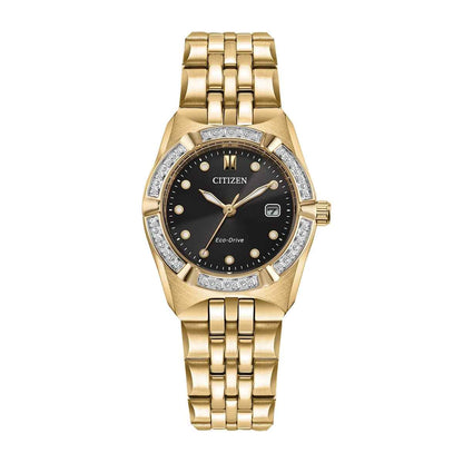 Citizen Ladies' Corso Diamond Eco-Drive Gold-Tone Stainless Steel Watch with Black Dial