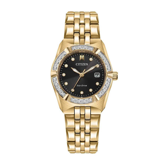 Citizen Ladies' Corso Diamond Eco-Drive Gold-Tone Stainless Steel Watch with Black Dial