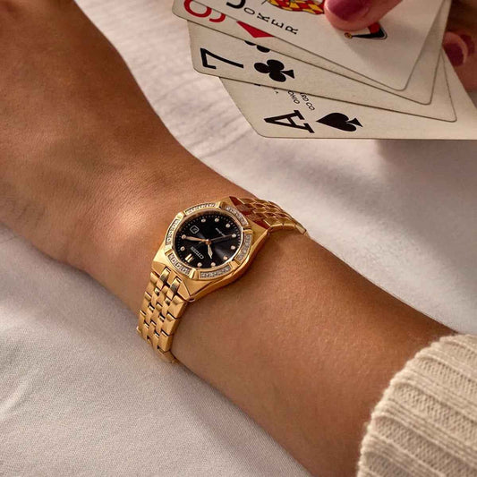 Citizen Ladies' Corso Diamond Eco-Drive Gold-Tone Stainless Steel Watch with Black Dial close-up detail