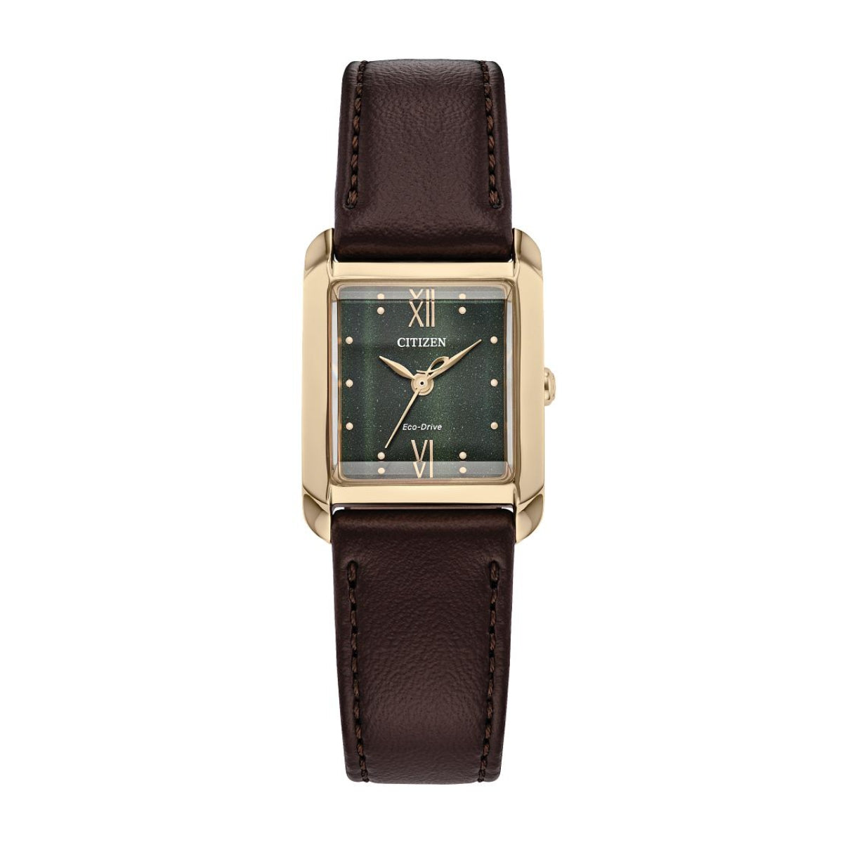 Citizen Ladies' Bianca Pink Gold-Tone Stainless Steel Watch with Green Dial & Brown Leather Strap
