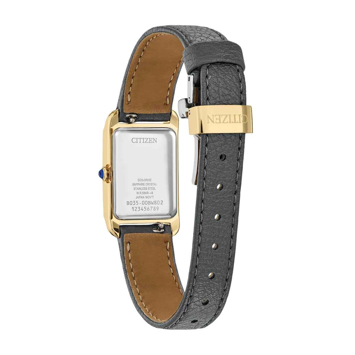 Citizen Ladies' L Bianca Eco-Drive Gold-Tone Stainless Steel Watch with Gold Dial & Gray Leather Strap front view