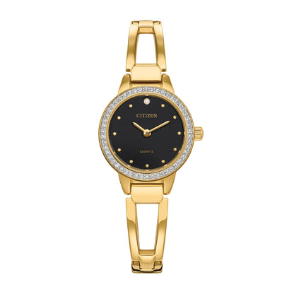 Citizen Ladies' Classics Gold-Tone Stainless Steel Watch with Black Dial & Crystal Accents