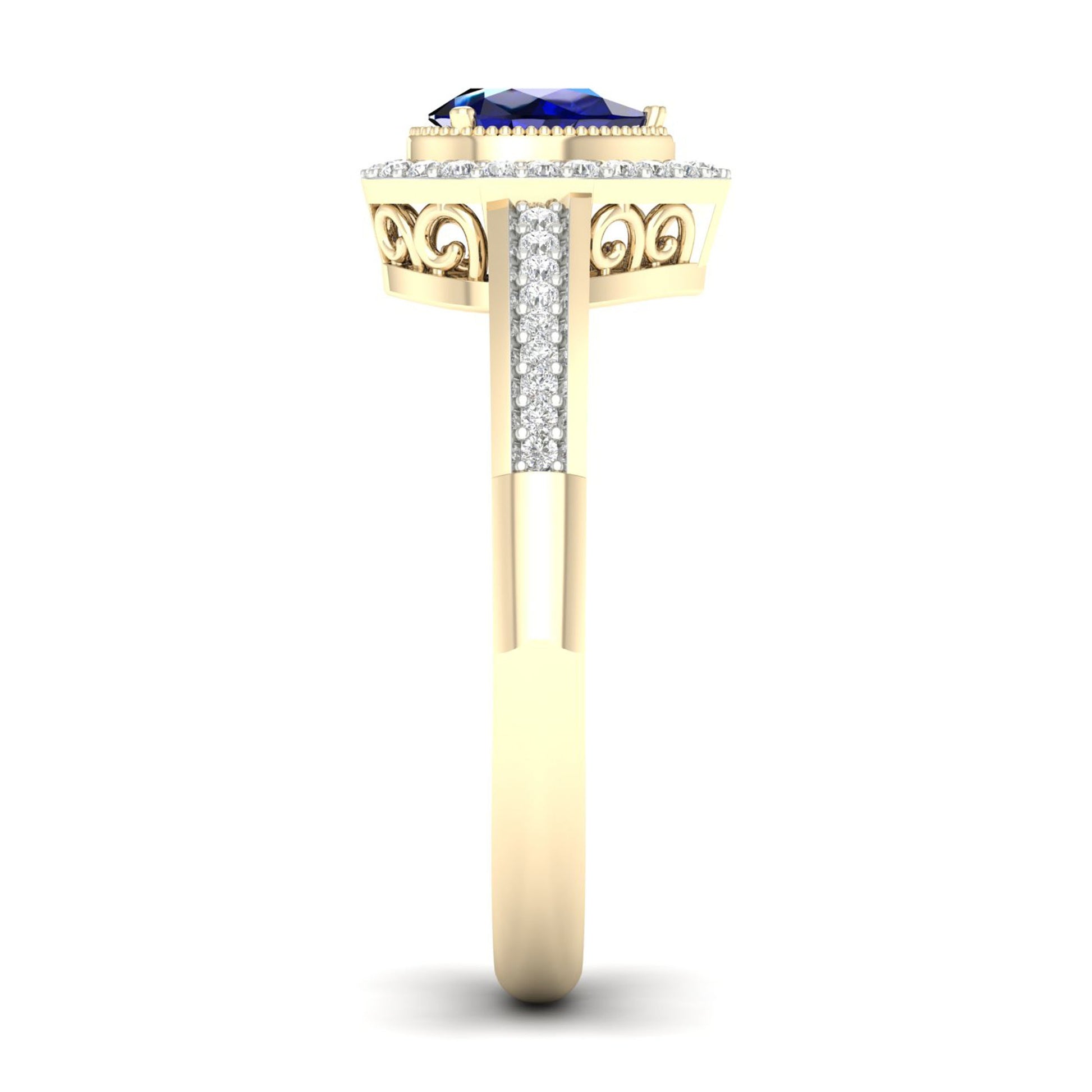 Blue Pear-Shaped Sapphire and 1/8 ct. tw. Diamond Halo Ring with Milgrain and Filigree Design in 10K Yellow Gold front view