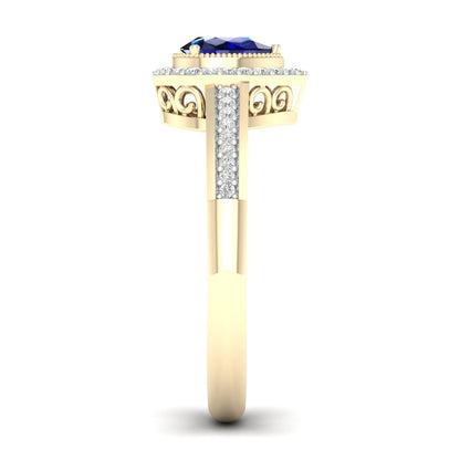Blue Pear-Shaped Sapphire and 1/8 ct. tw. Diamond Halo Ring with Milgrain and Filigree Design in 10K Yellow Gold front view