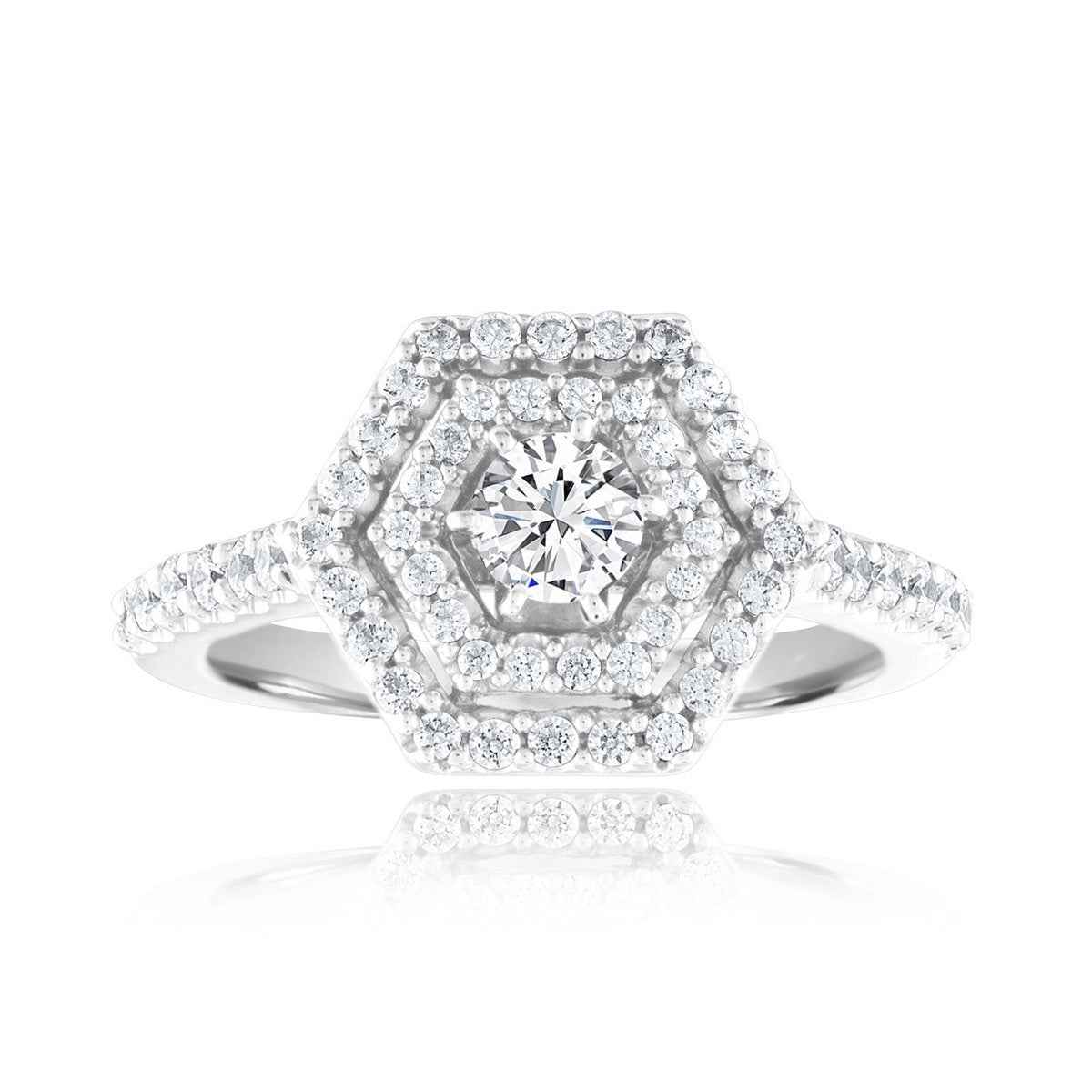 Amaura 9/10 ct. tw. Round Brilliant Engagement Ring with Double Hexagon Halo in 14K White Gold