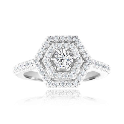 Amaura 9/10 ct. tw. Round Brilliant Engagement Ring with Double Hexagon Halo in 14K White Gold