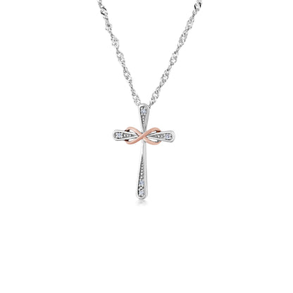 .025 ct. tw. Diamond Cross Pendant with 10K Pink Gold Infinity-Design Ribbon in Sterling Silver