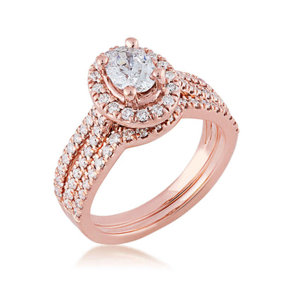 Noventa 1-1/2 ct. tw. Oval Halo Diamond Wedding Set with Cut-Out Accented Band in 14K Pink Gold front view