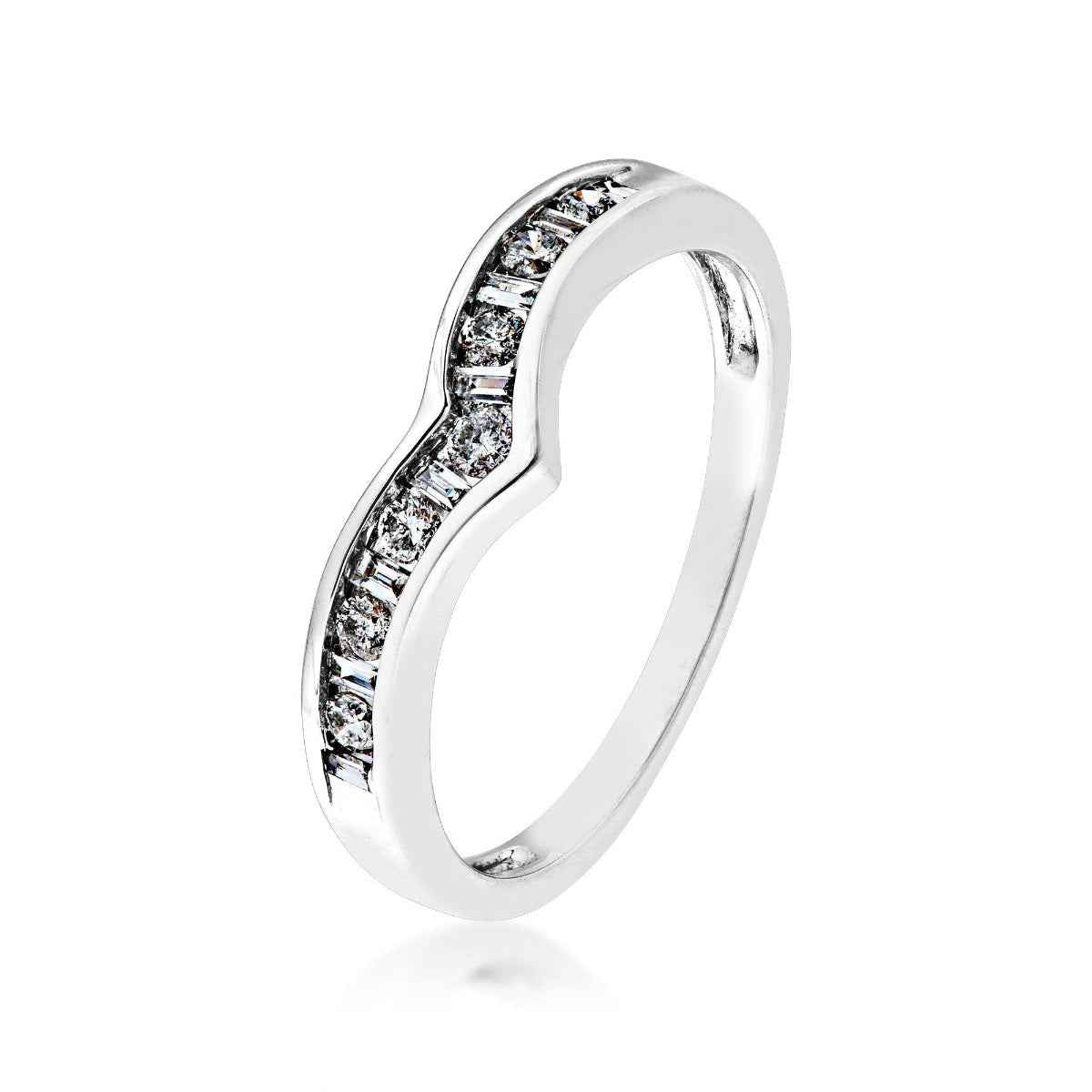 1/4 ct. tw. Round & Straight Baguette Diamond Chevron Style Anniversary Band in 14K White Gold front view