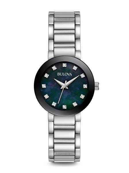 Bulova Modern Collection Ladies' Black Mother-of-Pearl Watch with 12 Diamond Dial Accent in Stainless Steel