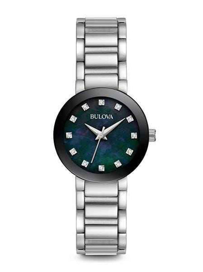 Bulova Modern Collection Ladies' Black Mother-of-Pearl Watch with 12 Diamond Dial Accent in Stainless Steel
