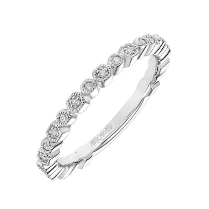 Artcarved Vintage 1/8 ct. tw. Round Diamond Wedding Band with Alternating Milgrain Faux Halo Shapes in 14K White front view