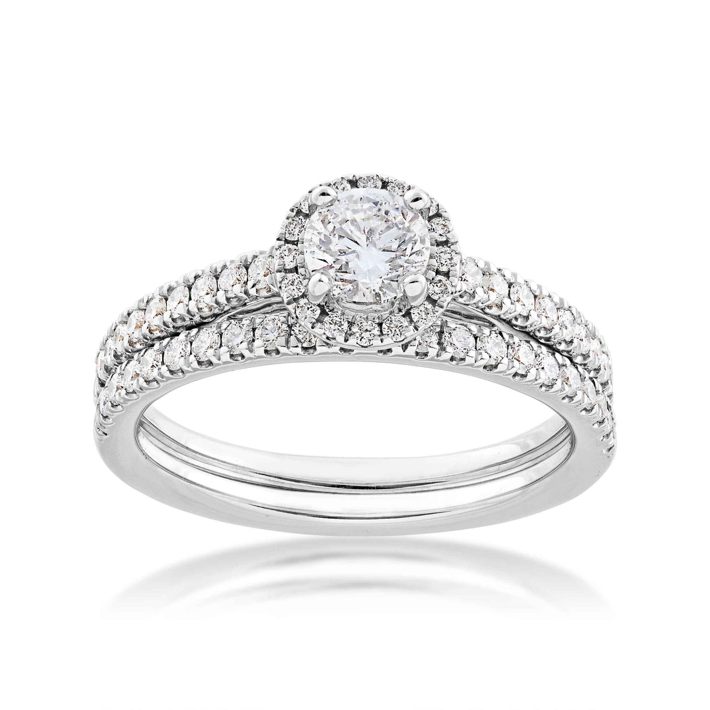 Noventa 1 ct. tw. Classic Round Diamond Halo Wedding Set with Undercarriage Cutout Diamond Band in 14K White Gold