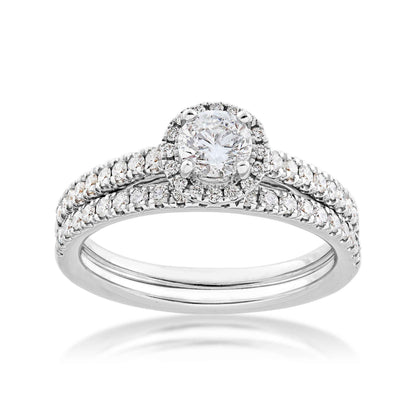Noventa 1 ct. tw. Classic Round Diamond Halo Wedding Set with Undercarriage Cutout Diamond Band in 14K White Gold