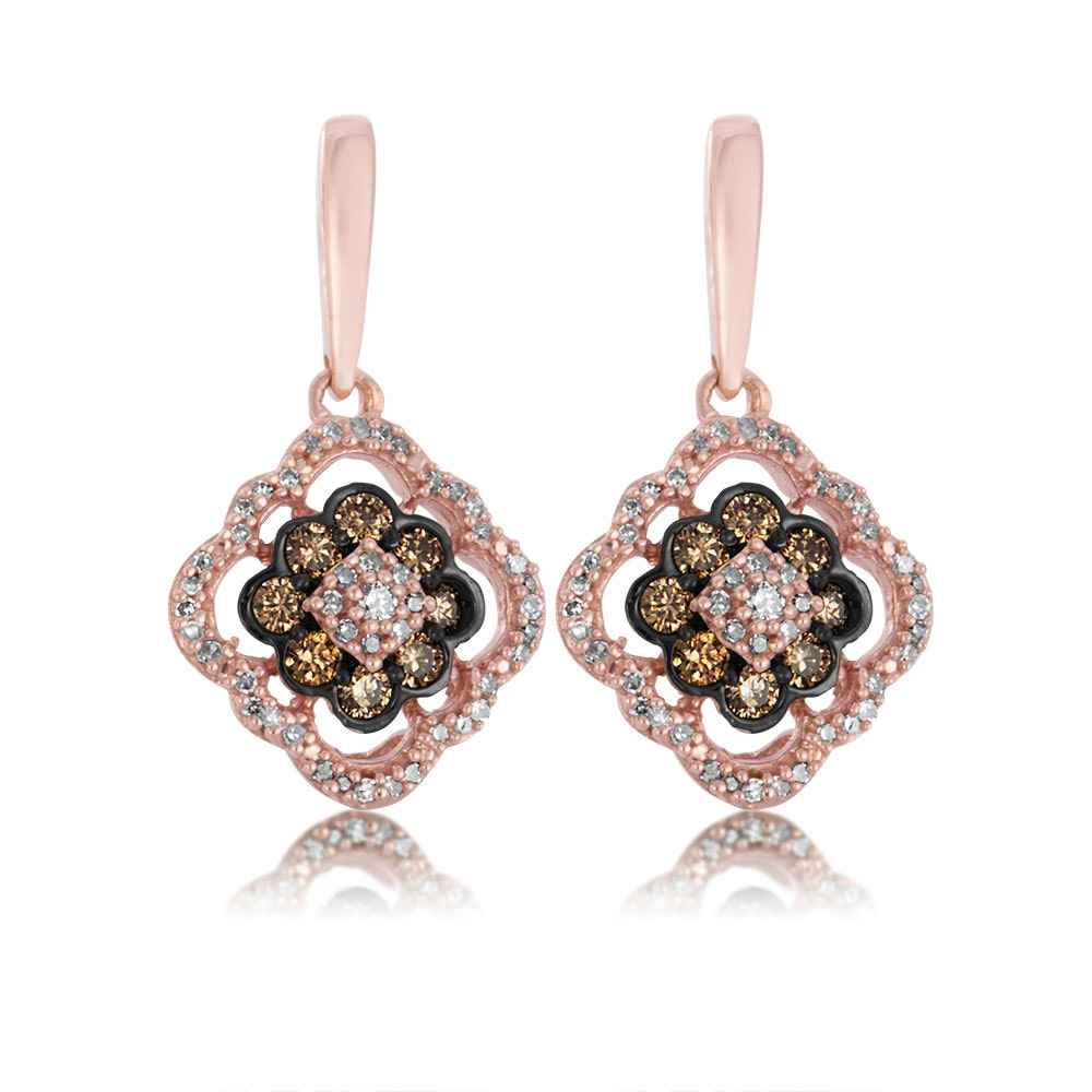 1/2 ct. tw. Round Mocha & White Diamond Clover Dangle Earrings with Black Rhodium Plated Halo in 10K Pink Gold