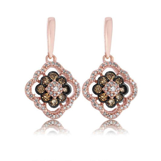 1/2 ct. tw. Round Mocha & White Diamond Clover Dangle Earrings with Black Rhodium Plated Halo in 10K Pink Gold