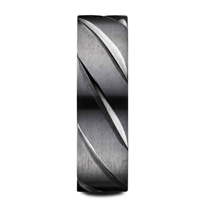 BENCHMARK Men's 7.5MM Grooved Black Titanium Wedding Band close-up detail