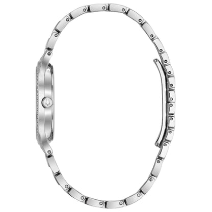 Bulova Ladies' Analog Watch with Black Dial and Silvertone Metal Band close-up detail