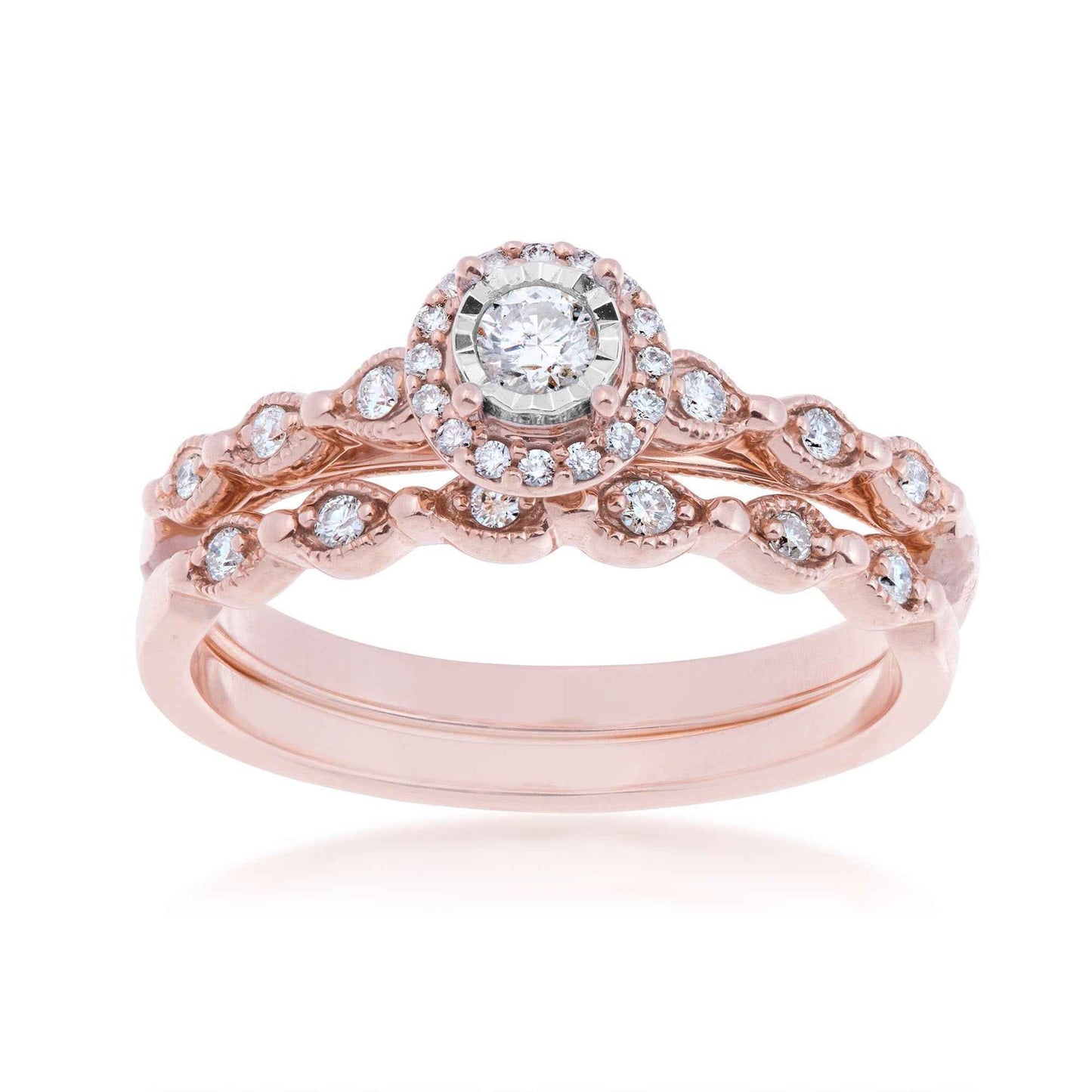 True Promise 1/4 ct. tw. Round Diamond Halo Wedding Set with Vintage Inspired Detailing in 10K Pink Gold