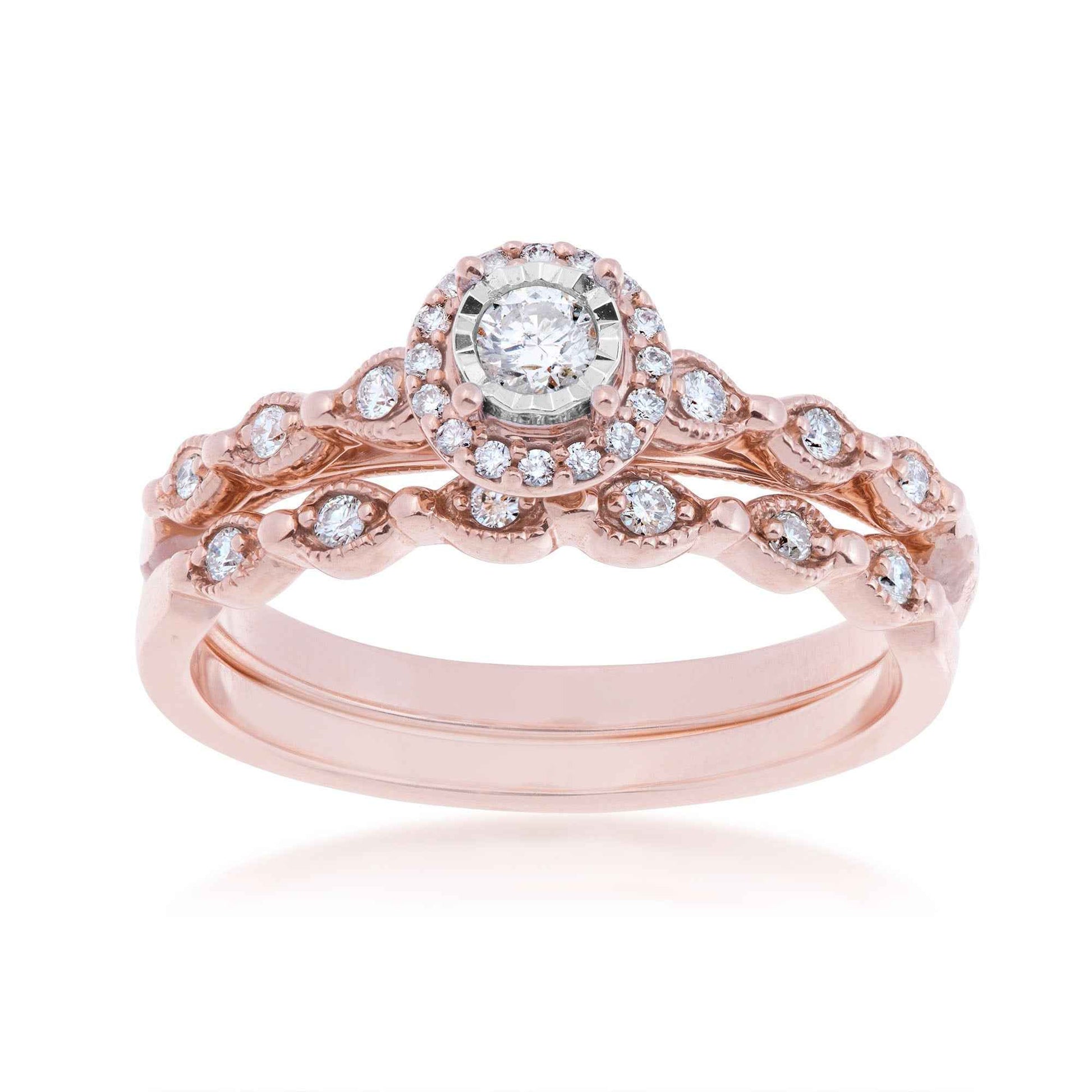 True Promise 1/4 ct. tw. Round Diamond Halo Wedding Set with Vintage Inspired Detailing in 10K Pink Gold