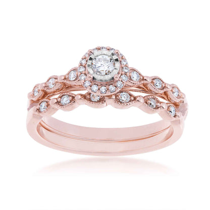 True Promise 1/4 ct. tw. Round Diamond Halo Wedding Set with Vintage Inspired Detailing in 10K Pink Gold