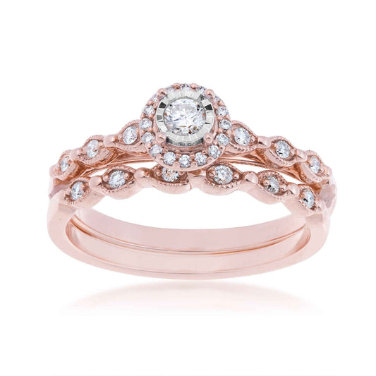 True Promise 1/4 ct. tw. Round Diamond Halo Wedding Set with Vintage Inspired Detailing in 10K Pink Gold
