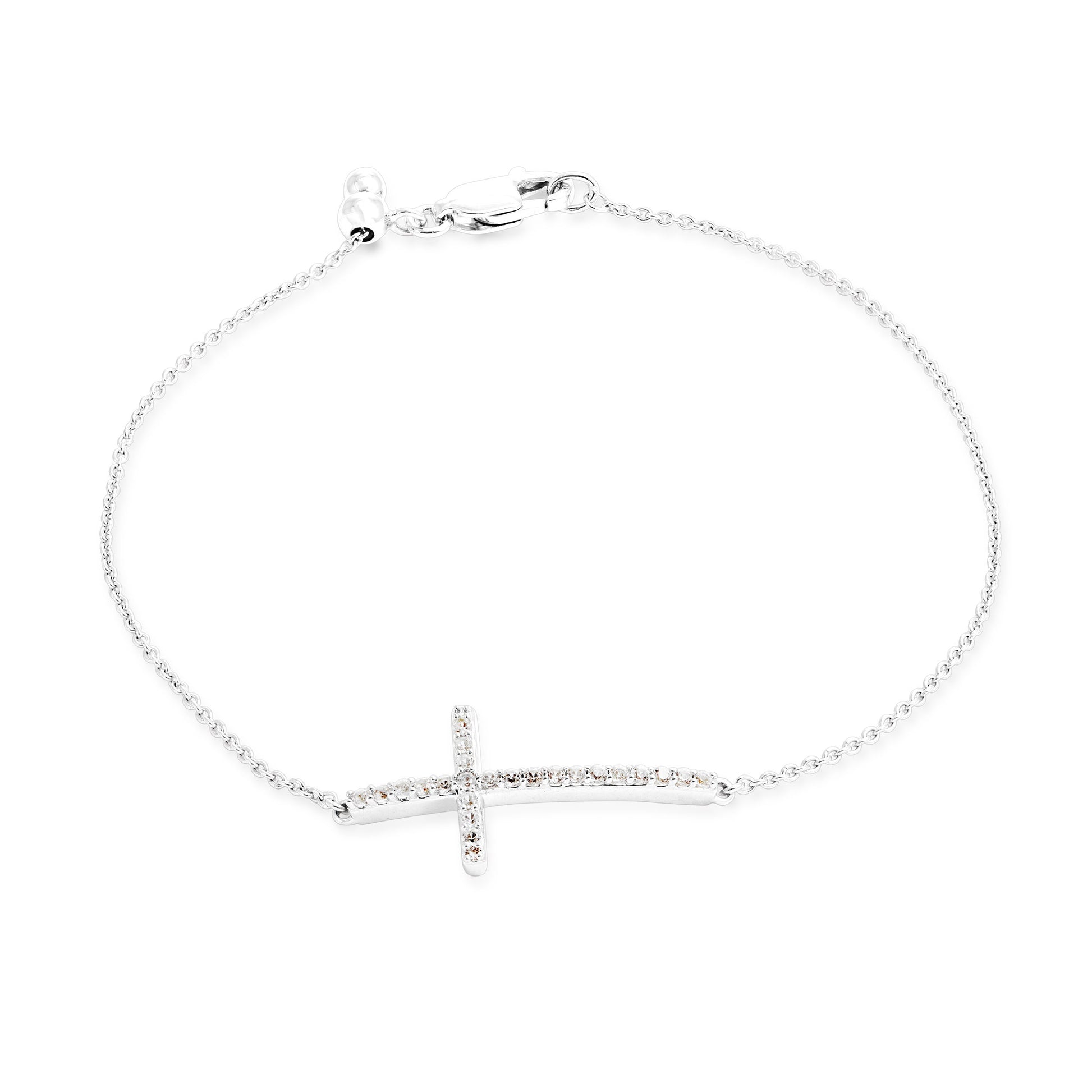 Created White Sapphire Sideways Cross Bolo Bracelet in Sterling Silver
