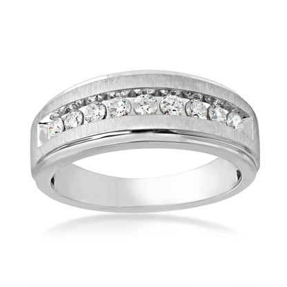 Men's 1/2 ct. tw Round Brilliant Diamond Wedding Band with Brushed Center & Polished Step-Edge in 10K White Gold