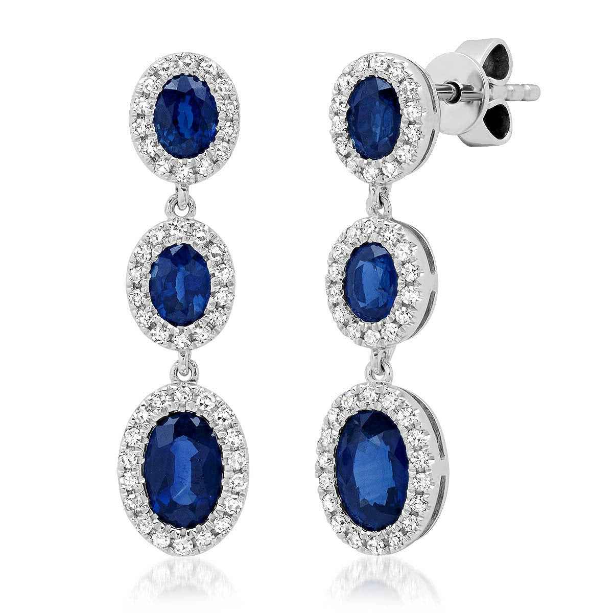 Oval Sapphire and 1/3 ct. tw. Diamond Halo 3-Stone Drop Earrings in 14K White Gold