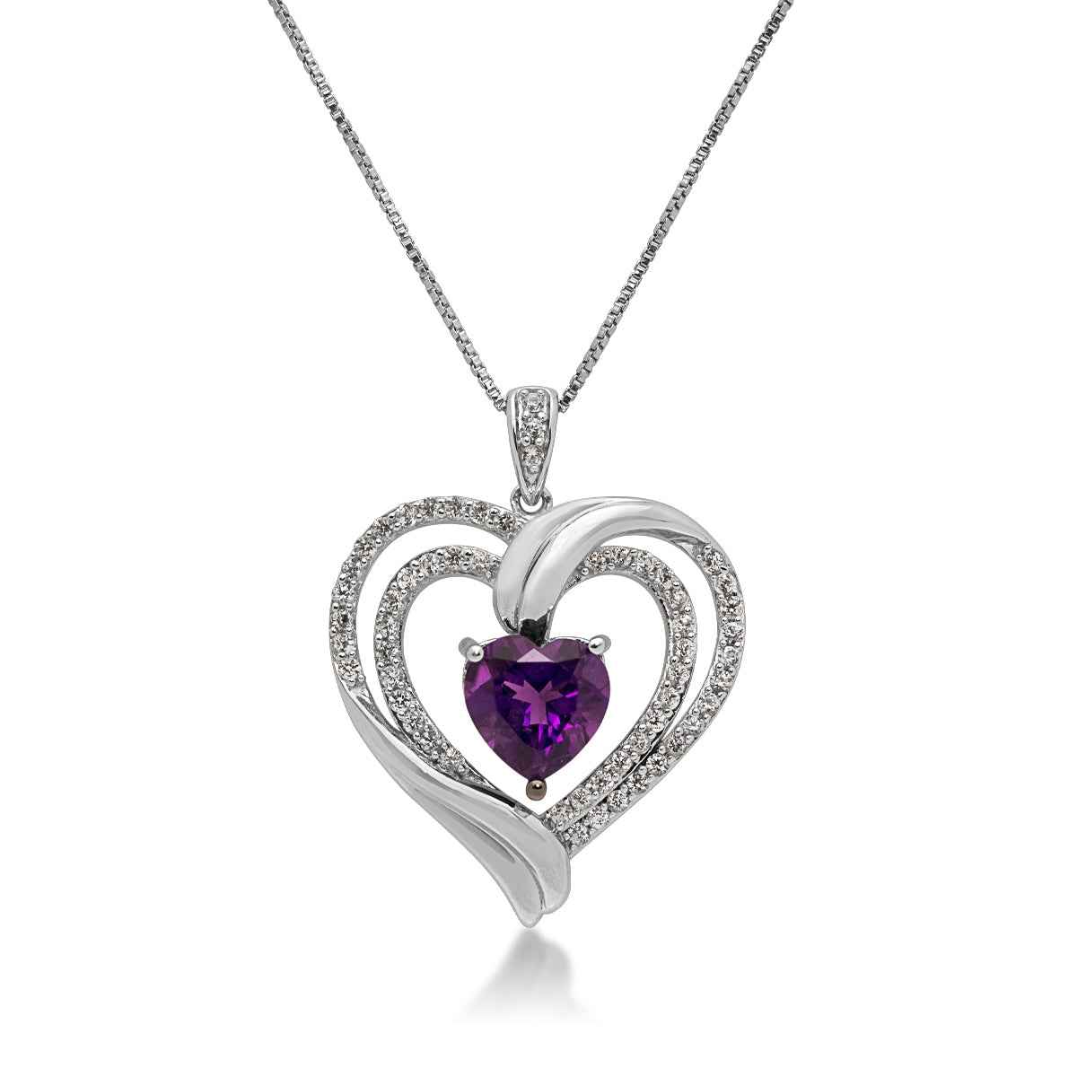 Heart-Shaped Amethyst and Created White Sapphire Double-Heart Pendant in Sterling Silver