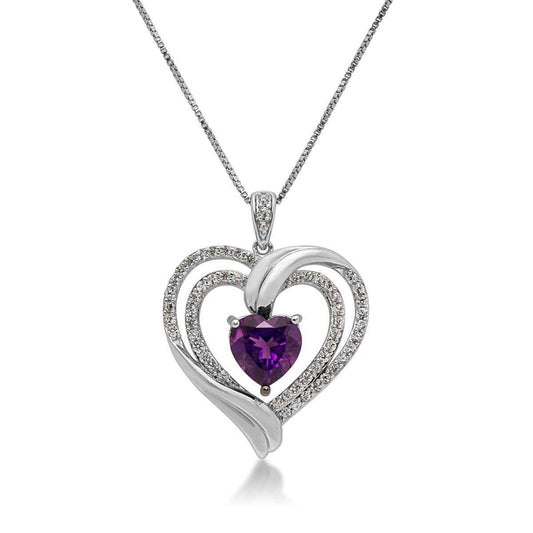Heart-Shaped Amethyst and Created White Sapphire Double-Heart Pendant in Sterling Silver