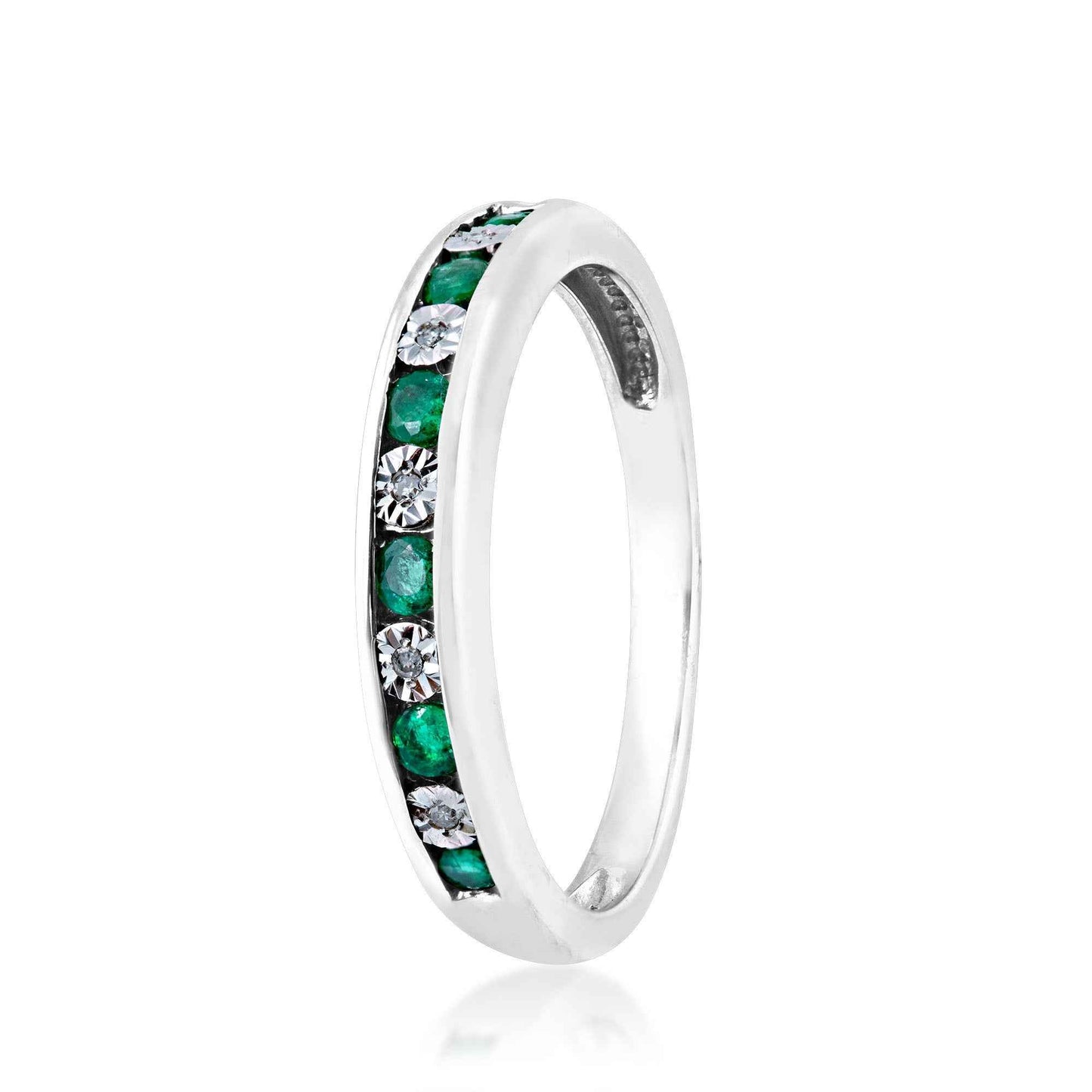 Genuine Round Emerald and .015 ct. tw. Diamond Channel Set Fashion Ring in 10K White Gold front view