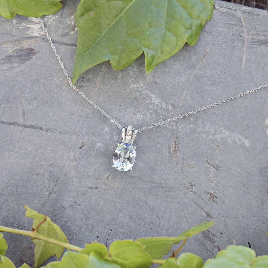 Oval Aquamarine & Diamond Pendant in 10K White Gold front view