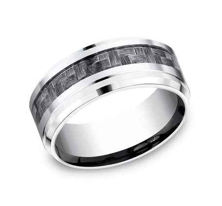 BENCHMARK Men's 9MM Chrome Cobalt Wedding Band with Matte Carbon Fiber Inlay front view
