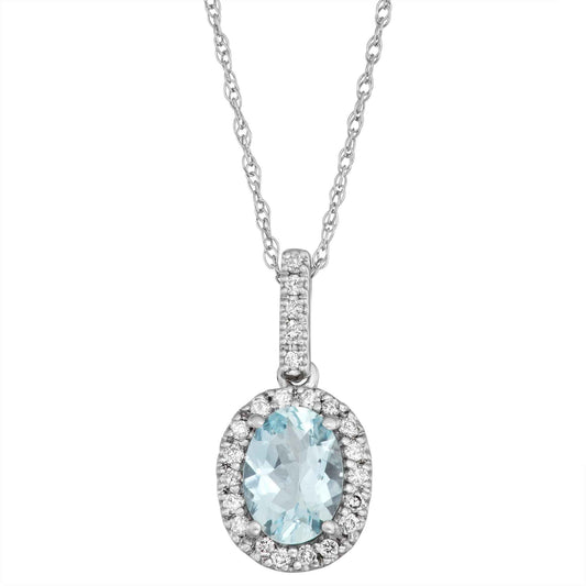 Genuine Oval Aquamarine Fashion Pendant with 1/10 ct. tw. Diamond Halo & Bail in 10K White Gold