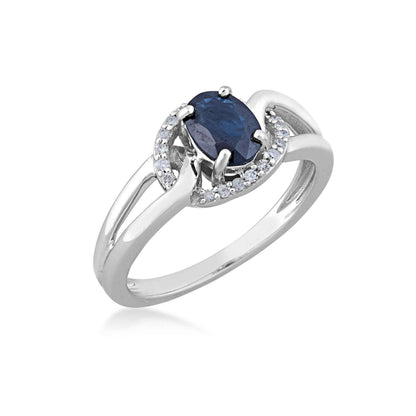 Genuine Oval Sapphire & 1/10 ct. tw. Diamond Fashion Ring with Linked Band Accent in 10K White Gold front view