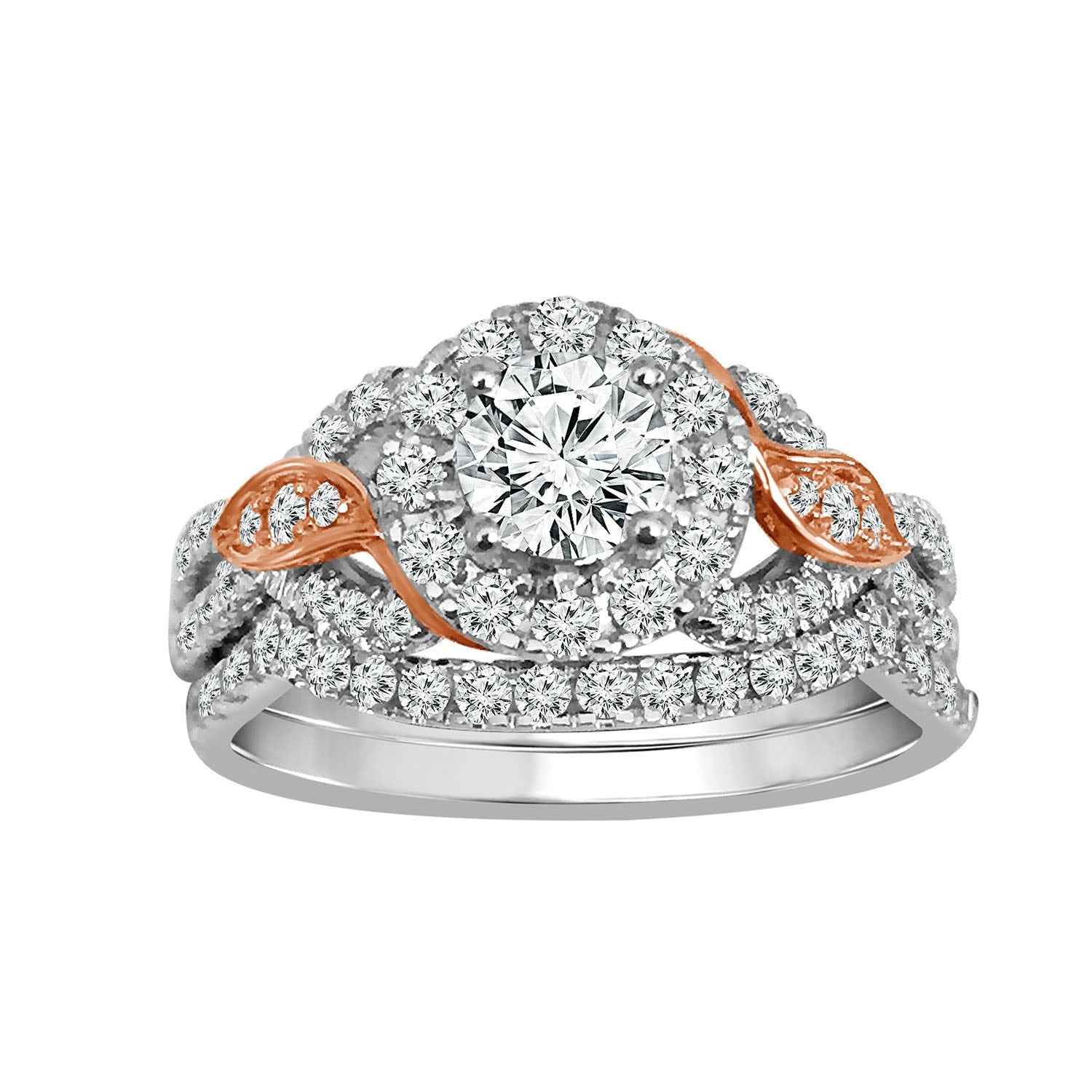 Natural 1-1/8 ct. tw. Round Brilliant Diamond Halo Wedding Set in 14K White & Pink Gold
